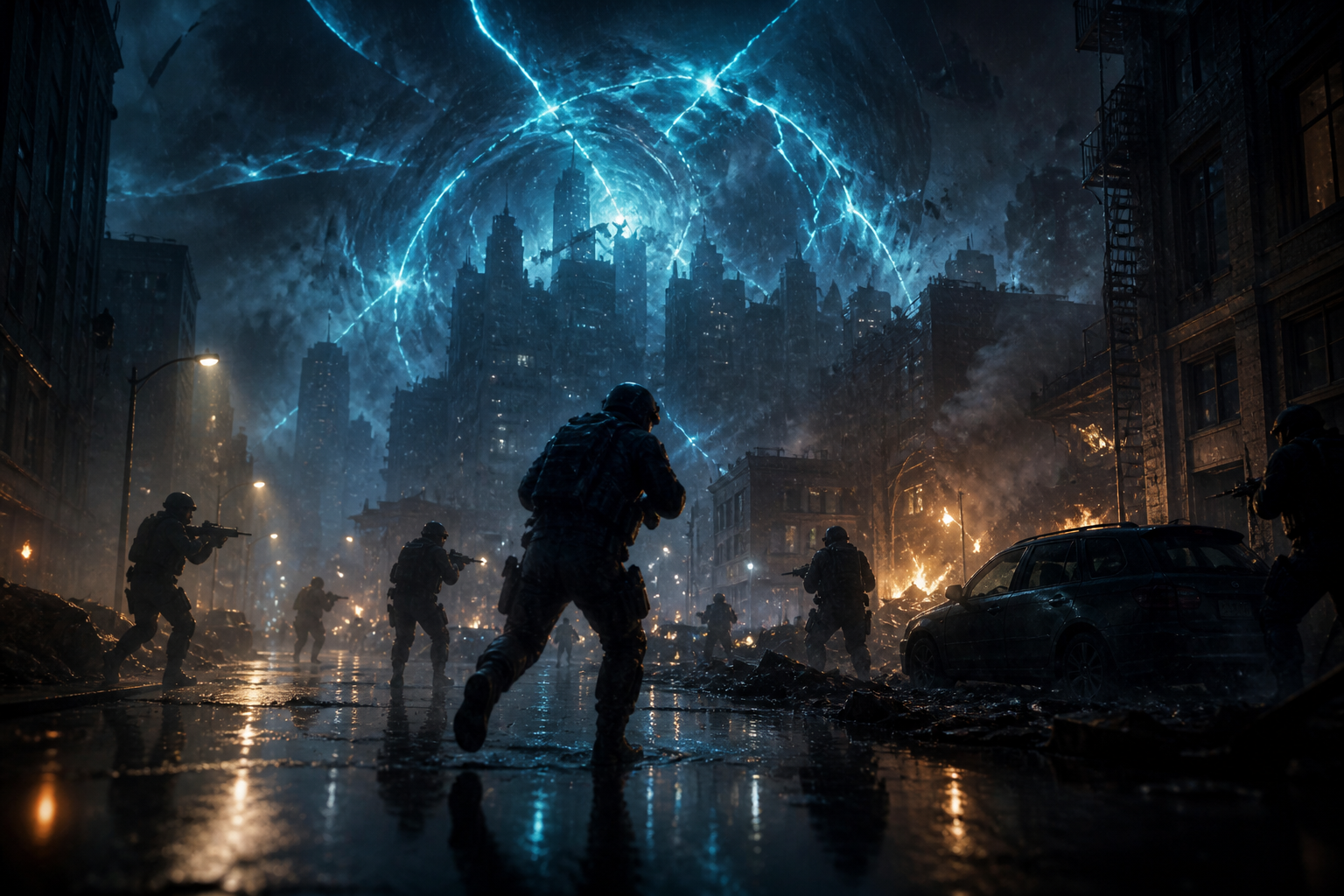 雨夜街战中战术干员剪影与天空青色异常风暴